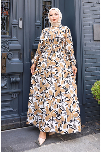 sefamerve Modal Fabric Half Button Dress 0162-03 Beige