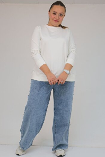 Eslina 59034 Plus Size Loose Fit Stone Detailed Jeans - Blue