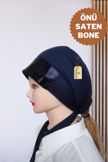 Tergek Satin Lace-Up Stylish Bonnet Navy Blue, Adjustable Hijab Headscarf Scarf Shawl Turban Bonnet with Back Lace-Up