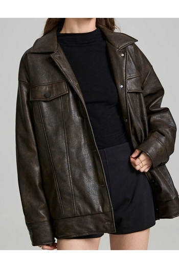 SHEIN Ontre Faux Leather Jacket, brown