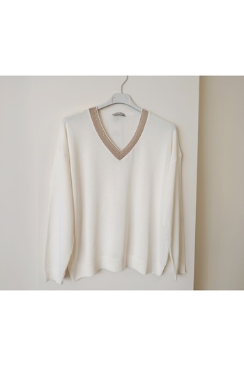 Butik Şans Sim Detailed V-Neck Ecru Knitwear Blouse