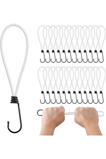 pretex Set of 25 elastic cords,with metal hook,made of resistant latex,13 cm, for fastening, fixing, White