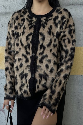 Noi Belis Leopard Patterned Crew Neck Knitwear Cardigan Aw25Hi0040