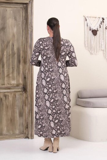 Truva XXL Plus Size Full Length V-Neck Patterned Viscose Lycra Long Sleeve Dress