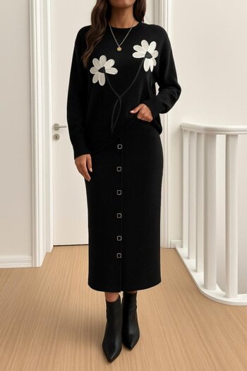 Modayakamoz Women's Blouse with Floral Pattern Detail Skirt Button Detail Set