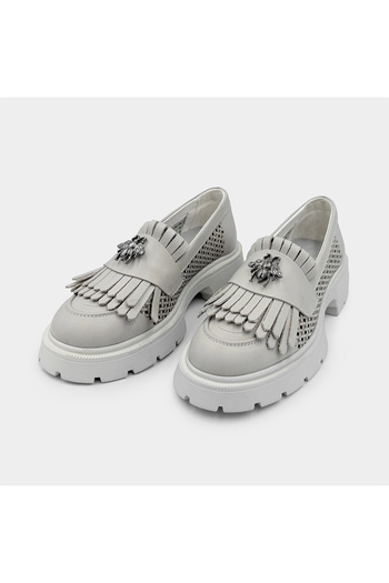 Piello Mocasini damă, piele naturală, perforați, Alb Gheață