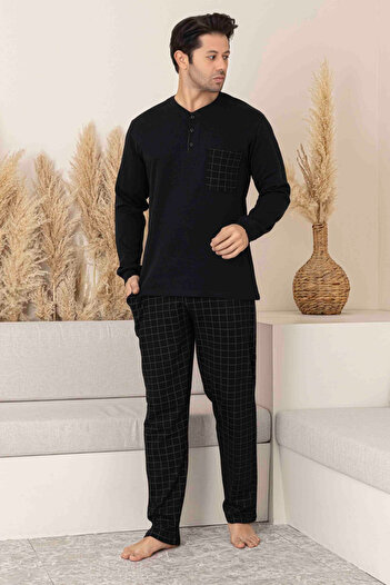 İYİBU Men's Black Long Sleeve Square Pattern Cotton Pajama Set