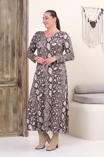 Truva XXL Plus Size Full Length V-Neck Patterned Viscose Lycra Long Sleeve Dress