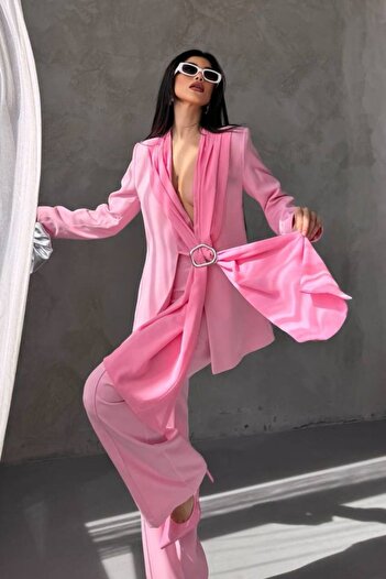spirituel Women's Two-Piece Top and Bottom Set Stylish Shawl Collar Buckle Jacket Wide-Leg Pants Set
