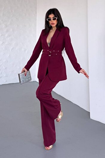 spirituel Women's Two-Piece Bottom Top Set Belted Blazer Jacket Wide Leg Pants Set