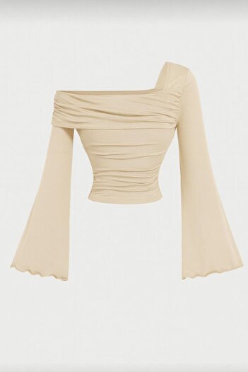 peri tower New Product Women's One Shoulder Drawstring Detail Spanish Sleeve Blouse 0037
