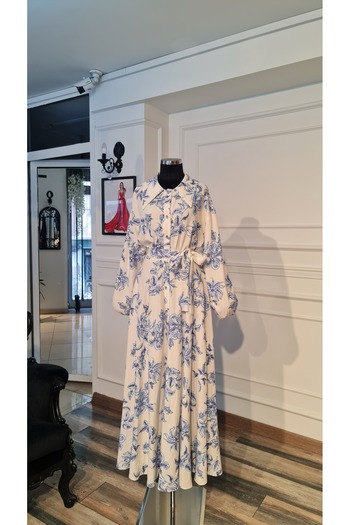 makbuleofficial Blue Floral Cotton Linen Fabric Hijab Dress