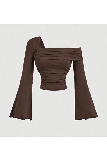 peri tower New Product Women's One Shoulder Drawstring Detail Spanish Sleeve Blouse 0037