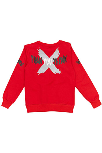 İrem Çocuk Giyim Boy's Red Sweatshirt with Stronger Text Pattern on the Front and Back and Zipper Pockets