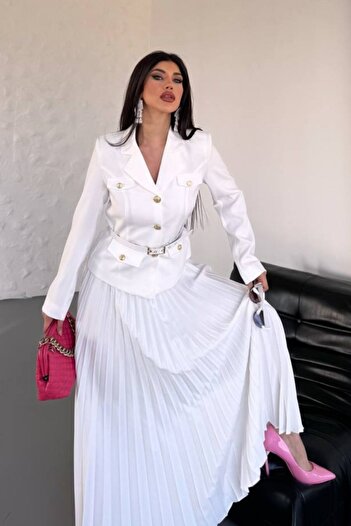 spirituel Women's Two-Piece Top and Bottom Set Stylish Belted Pocket and Button Detail Short Blazer Jacket Pleated Long Skirt Jewelry