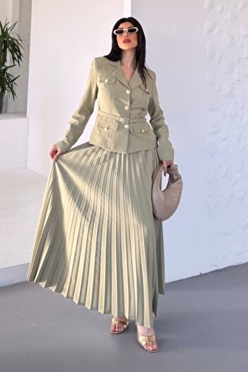 spirituel Women's Two-Piece Top and Bottom Set Stylish Belted Pocket and Button Detail Short Blazer Jacket Pleated Long Skirt Jewelry