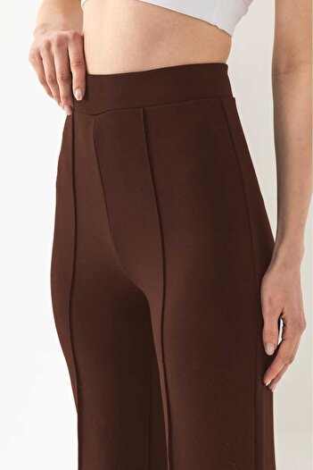 Warasiva Women's Brown Front Ribbed Wide Fit Wide Leg Modal Fabric High Waist Recovery Pants Leggings