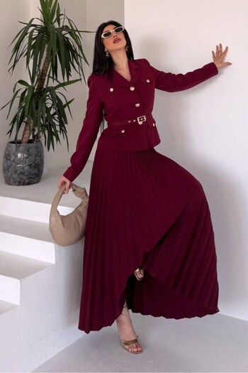 spirituel Women's Two-Piece Top and Bottom Set Stylish Belted Pocket and Button Detail Short Blazer Jacket Pleated Long Skirt Jewelry