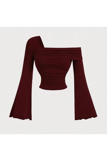 peri tower New Product Women's One Shoulder Drawstring Detail Spanish Sleeve Blouse 0037