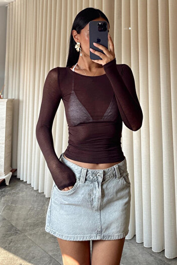 LACHT Women's Brown Transparent Modal Boat Neck Premium Blouse