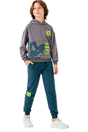 İrem Çocuk Giyim Boy's We Run Written Hooded Green Color Tracksuit with Pockets
