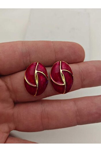 KYOLA DESİGN Burgundy Pearlescent Oval Gold Women's Earrings (3cm)