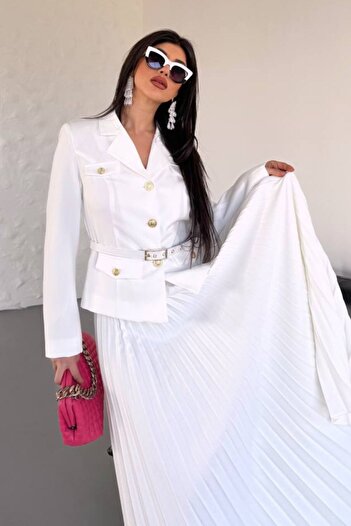 spirituel Women's Two-Piece Top and Bottom Set Stylish Belted Pocket and Button Detail Short Blazer Jacket Pleated Long Skirt Jewelry