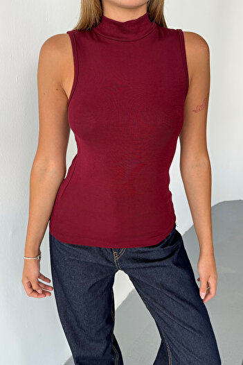 LACHT Women's Burgundy Modal Cotton Zero Sleeve Stand Collar Blouse