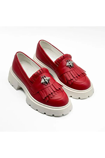Piello Women's loafers, natural leather, with white sole and metal accessory, Red
