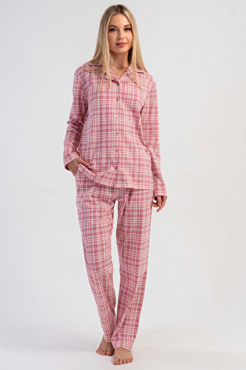 VİENETTA Cotton Women's Interlock Collar All Buttoned Long Sleeve Pajama Set, 503353