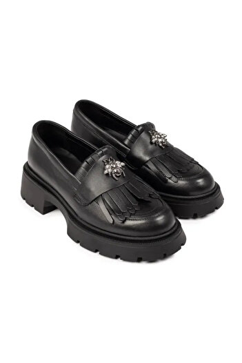 Piello Mocasini damă, piele naturală, cu Franjuri și Accesoriu metalic, Negru