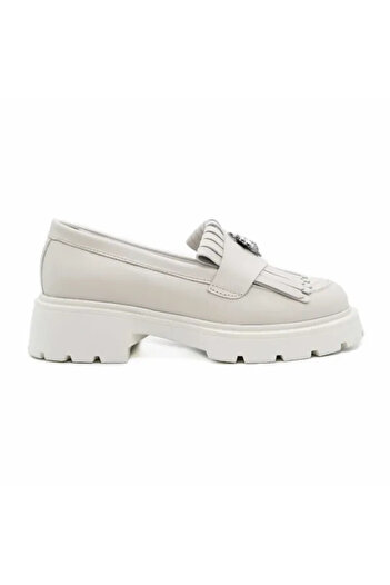 Piello Women's loafers, natural leather, with white sole and metal accessory, White