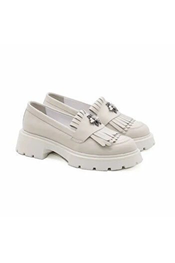 Piello Women's loafers, natural leather, with white sole and metal accessory, White