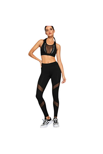 Fstyle Black Mesh Contrast Leggings Gym Tights
