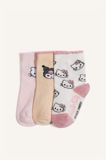 DeFacto Baby Girl Hello Kitty Anti-Slip Sole 3-Piece Cotton Long Socks F6739A5Ns