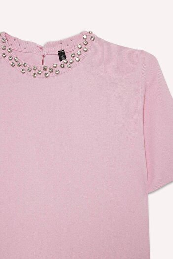 DeFacto Regular Fit Crew Neck Embroidered Crepe Short Sleeve Knitwear Sweater F7894Ax25Au