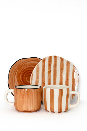 Hausette 2-Piece Thick Line Patterned Seamik Turkish Coffee Set, Mug, Turkish Coffee Cup, Cup, Mug