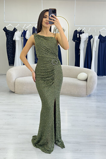 zks grup tekstil Women's One Shoulder Cut Out Detail Slit Sequin Evening Dress Powder, Khaki, Navy Blue, Black
