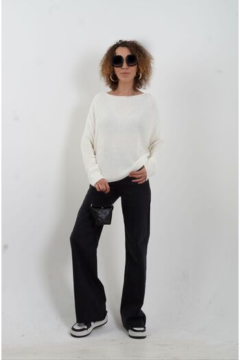 Zelish My Sister Ecru Boat Neck Basic Knitwear Sweater
