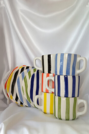 Hausette 6-Piece Thick Striped Ceramic Turkish Coffee Set, Mug, Turkish Coffee Cup, Cup, Mug