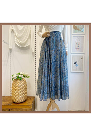 Faya Boutique Fusta din șifon albastru deschis cu model șal