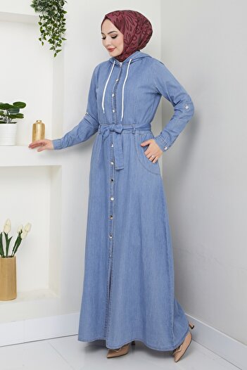 ModaMerve Hooded Denim Dress 25021Mts1094-Ms Light Denim