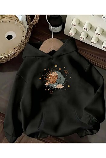 herkesemoda Planet and Sun Print Detailed Fleece Lined Hooded Sweatshirt