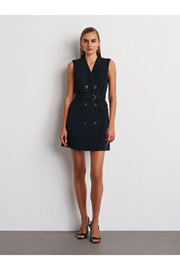 Dilvin 90926 Rochie mini blazer cu două piepturi, fără mâneci, cu curea, căptușită, cu detaliu de buzunar - negru