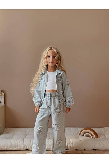 Jolly Kids Girl's Blue Denim Jacket and Pants Jean Set