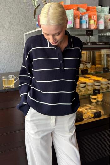 Madmext Navy Blue Striped Polo Neck Women's Knitwear Sweater Mg2470