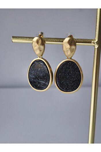 VOBEEYKU Gold Hammered Plate Black Glitter Earrings