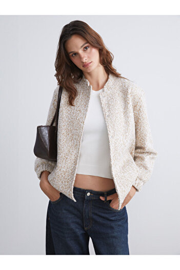 LC Waikiki Beige Stand Collar Plain Long Sleeve Women's Tweed Jacket