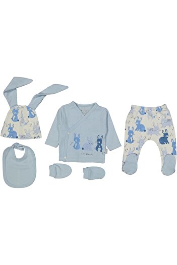 Miniworld - 5-Piece Baby Boys' Outfit, Cotton, Rabbits, Age 0-3 Months, 62 cm, Blue