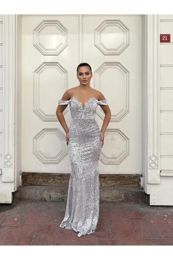 SELİN MODA EVİ Trend Band Kol Velvet Fish Dress Gray 583198